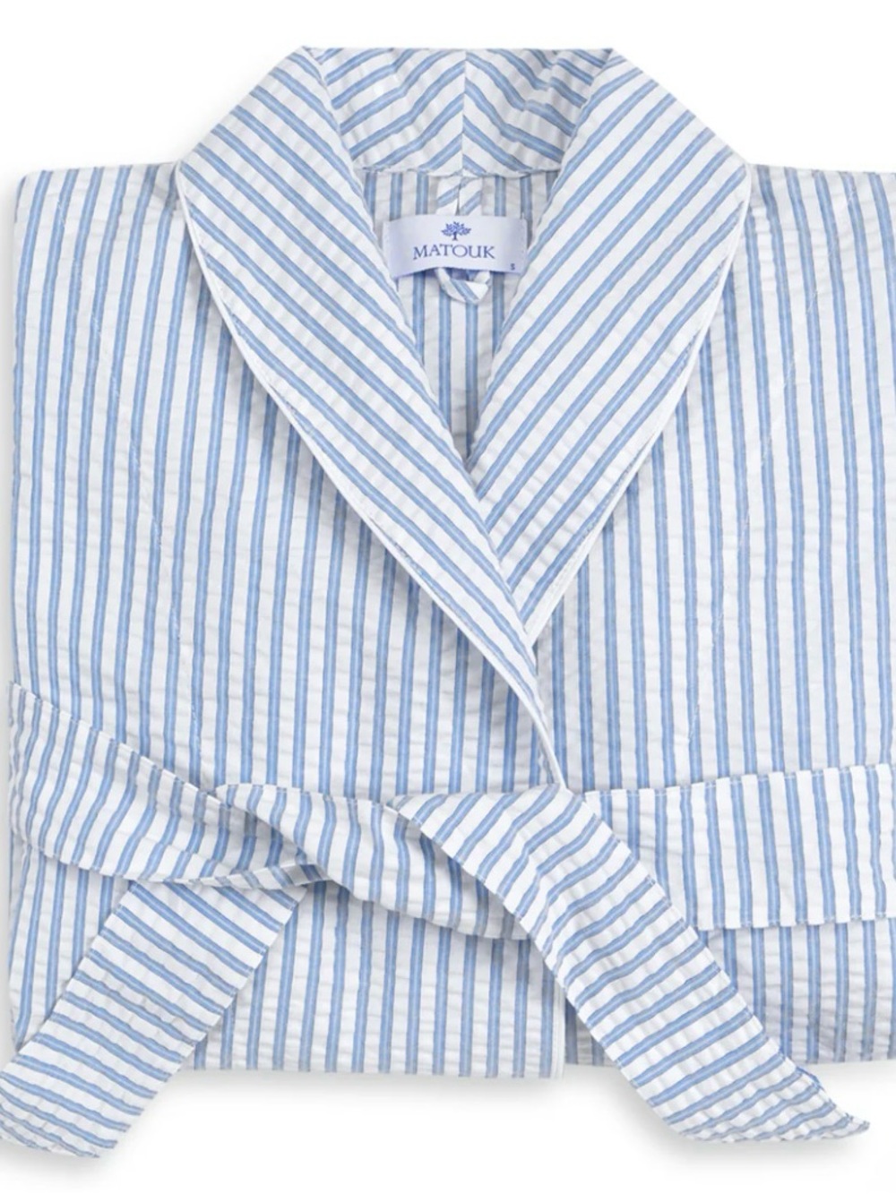 Matouk Blue and White Striped Cotton Matteo Robe - Picture 2 of 5